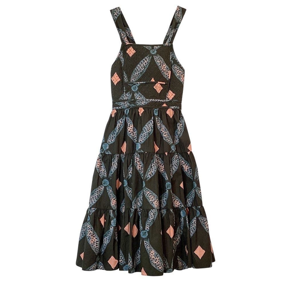 Ulla Johnson Jiya Dress Size 8 Quilted Cotton Midi Back Tie Boho Green Print - Picture 2 of 11